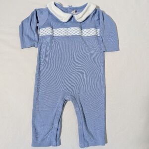 TBBC The Beaufort Bonnet Company Blue Smocked Pima Cotton Bubble Romper | 0-3M
